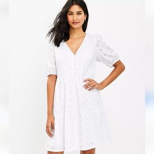LOFT Cotton EYELET Puff Sleeve Tiered Swing DRESS White Size Large